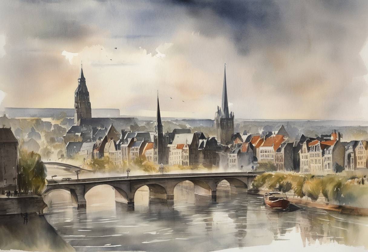 Watercolor painting based depiction of The Maastricht Resistance in the Netherlands captures the city of Maastricht from German occupation during World War II. (1944)