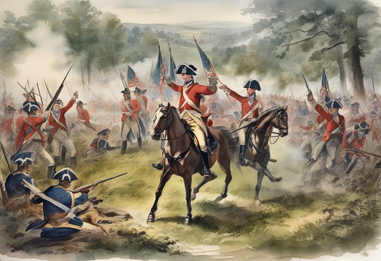 Watercolor painting based depiction of The Battle of Ridgefield was fought during the American Revolutionary War, resulting in a tactical victory for the British forces. (1777)