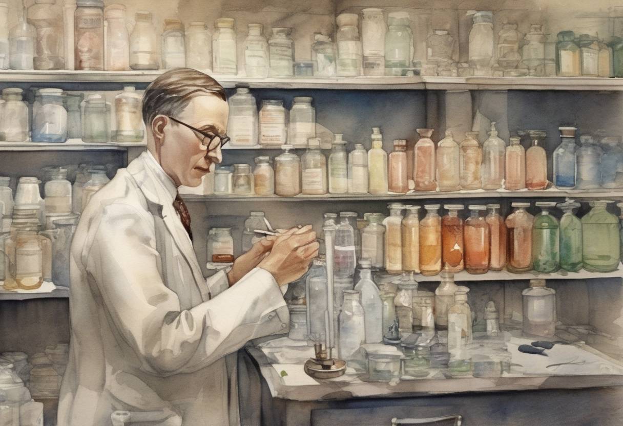 Watercolor painting based depiction of Researchers at the University of Toronto, led by Frederick Banting and Charles Best, successfully isolated insulin, leading to a breakthrough in diabetes treatment. (1921)