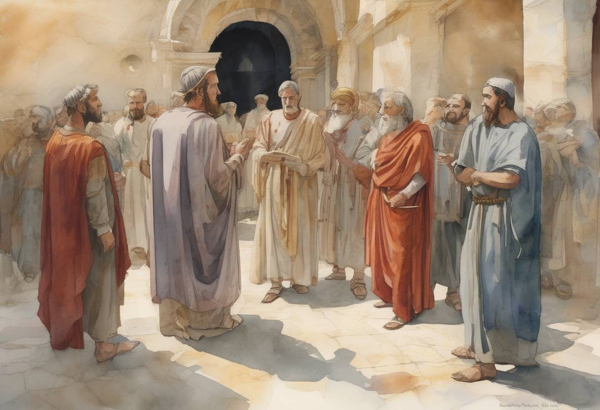 Watercolor painting based depiction of The Council of Arles, a significant early Christian council, concluded. It addressed the Donatist controversy and established several canons concerning church discipline. (314)