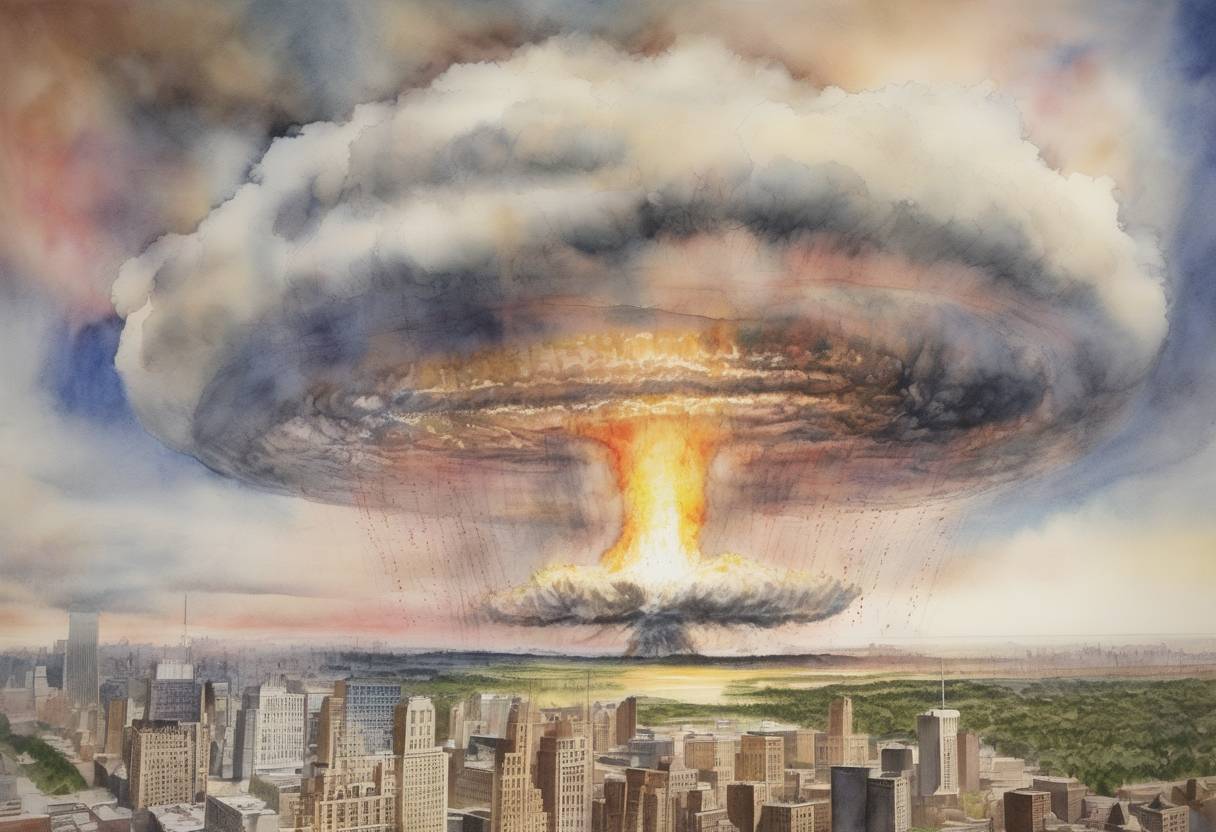 Watercolor painting based depiction of The Comprehensive Nuclear-Test-Ban Treaty (CTBT) was signed at the United Nations in New York City, aiming to ban all nuclear explosions for both civilian and military purposes. (1996)