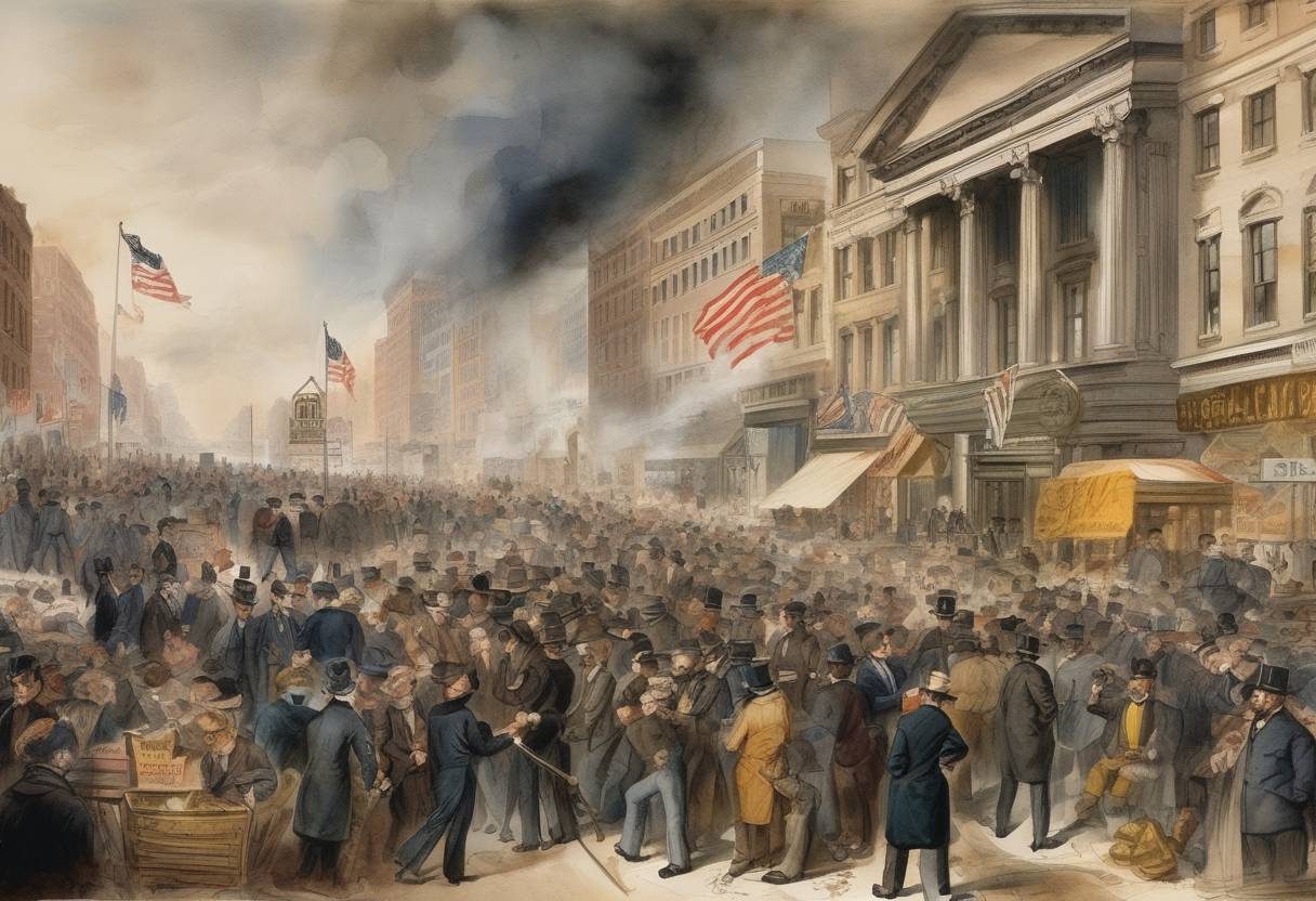 Watercolor painting based depiction of The financial panic known as Black Friday occurred in the United States when the price of gold plummeted after a failed attempt by Jay Gould and James Fisk to corner the gold market. (1869)