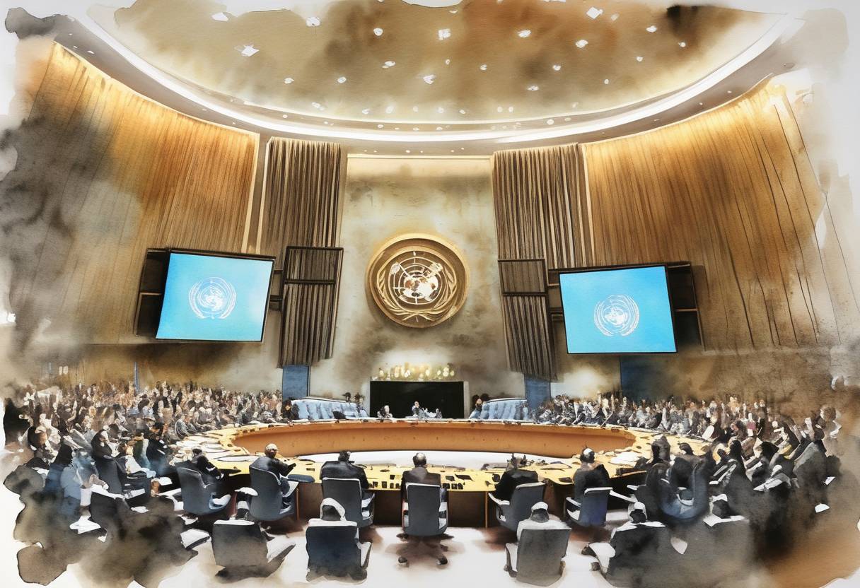 Watercolor painting based depiction of The United Nations Security Council unanimously adopts Resolution 2319, condemning the use of chemical weapons in Syria and calling for accountability for those responsible. (2016)