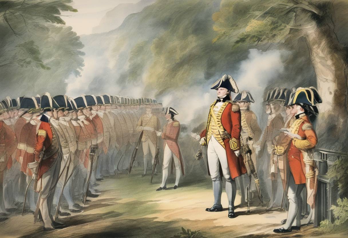 Watercolor painting based depiction of Benedict Arnold gives the British the plans to West Point. (1780)