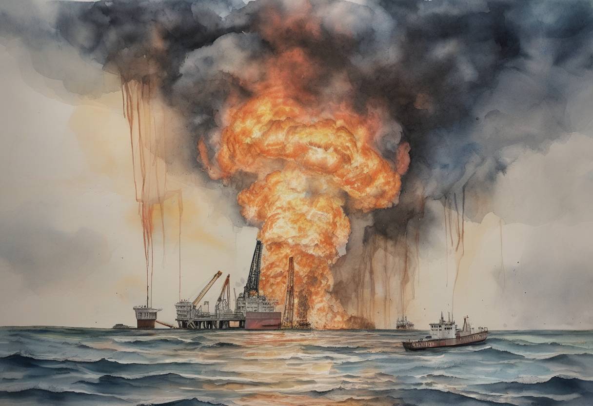 Watercolor painting based depiction of The Deepwater Horizon oil spill, which began on April 20, 2010, was officially declared 'effectively dead' after a successful 'bottom kill' operation permanently sealed the well. (2010)