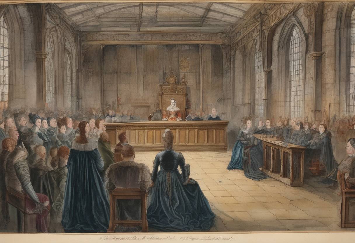 Watercolor painting based depiction of Mary, Queen of Scots, went on trial for conspiracy against Queen Elizabeth I of England. (1586)