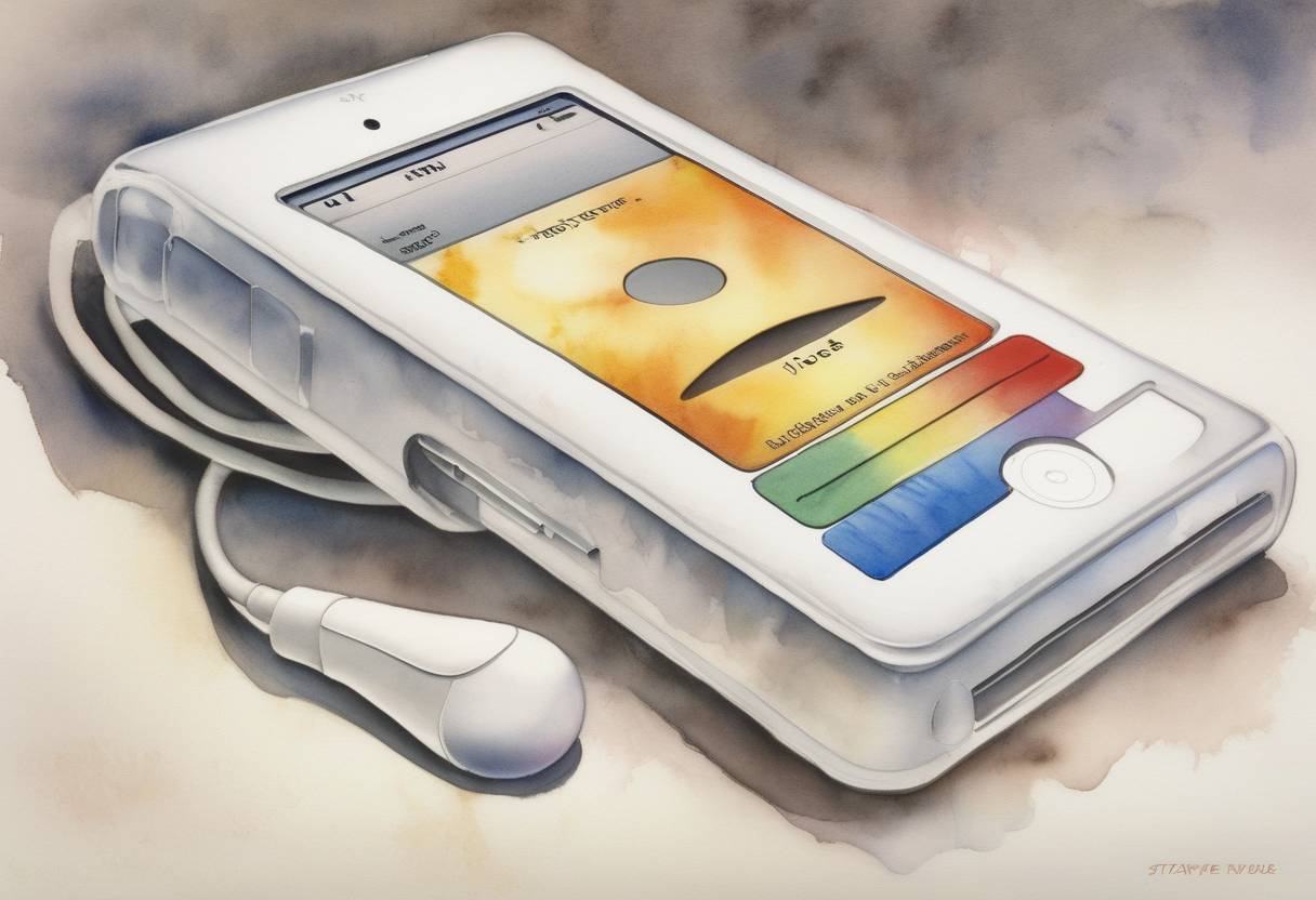 Watercolor painting based depiction of The Apple iPod was first introduced by Steve Jobs, marking a significant moment in the evolution of portable music devices and digital music consumption. (2001)