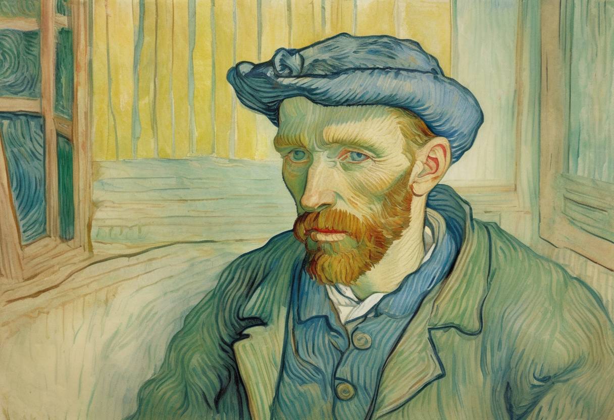 Watercolor painting based depiction of Vincent van Gogh, in a fit of madness, cut off part of his left ear in Arles, France. (1888)