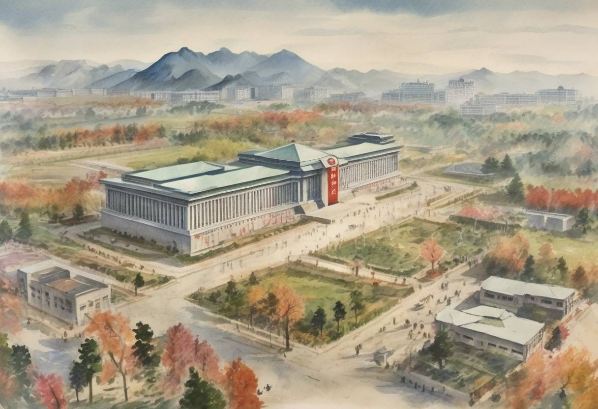 Watercolor painting based depiction of The Democratic People's Republic of Korea (North Korea) was established, with Kim Il-sung as its leader. (1948)