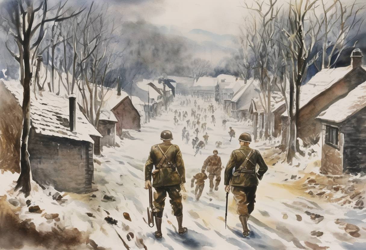 Watercolor painting based depiction of The Malmedy massacre occurred during the Battle of the Bulge in World War II, where German troops killed American prisoners of war. (1944)