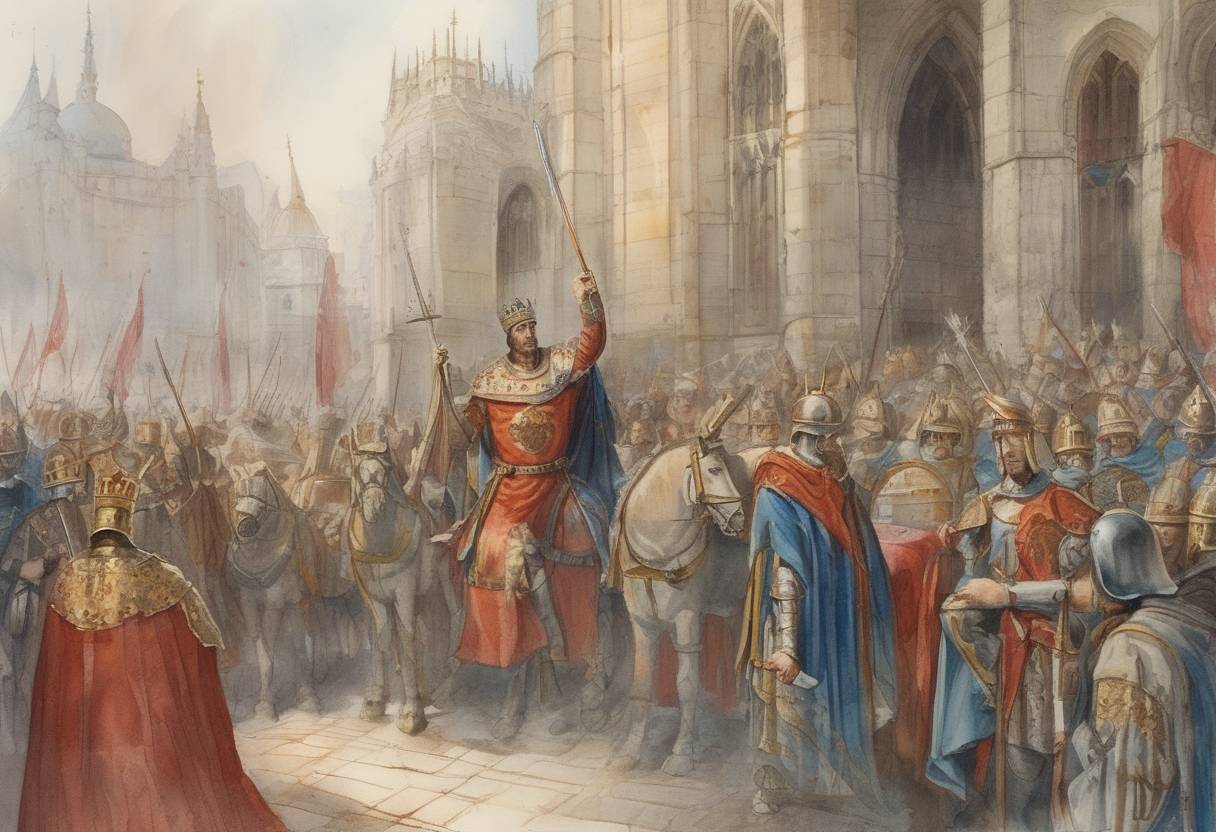 Watercolor painting based depiction of Richard I of England, also known as Richard the Lionheart, was captured by Leopold V, Duke of Austria, while returning from the Third Crusade. (1192)