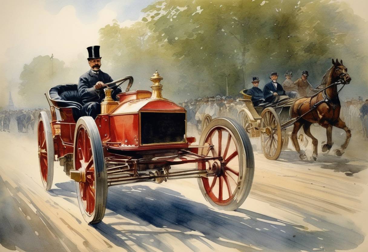 Watercolor painting based depiction of World's first gasoline-powered automobile race was held near Paris, France. (1893)