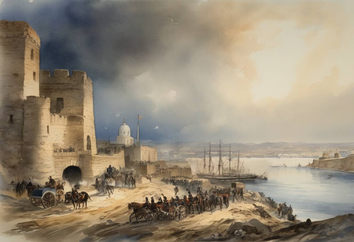 Watercolor painting based depiction of Crimean War: The Siege of Sevastopol (1854–1855) ended as Russian forces abandoned the city after 11 months of siege by the Franco-British alliance. (1855)