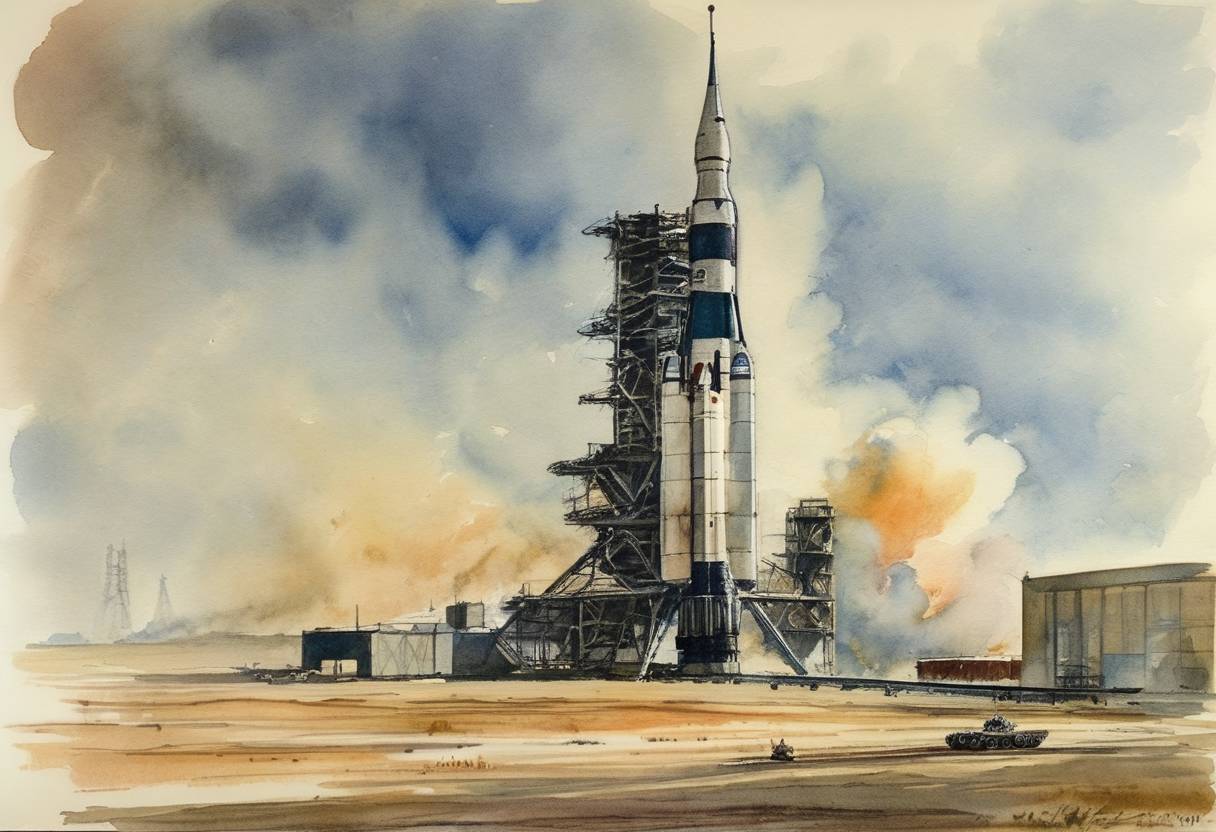 Watercolor painting based depiction of The Soviet Union launches Voskhod 1 into Earth orbit as the first spacecraft to carry a multi-person crew and to go without space suits. (1964)