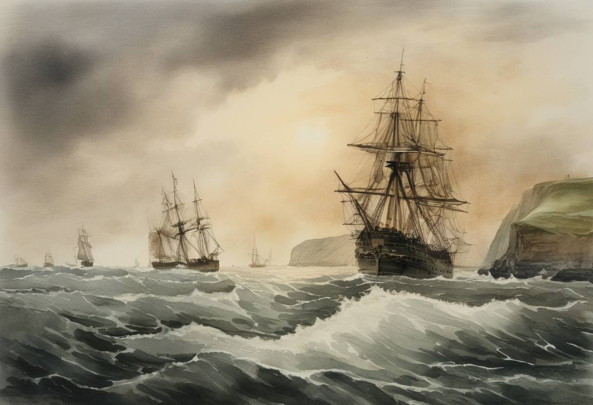 Watercolor painting based depiction of During the American Revolutionary War, the Battle of Flamborough Head took place. The American Continental Navy, led by John Paul Jones, captured the British warship HMS Serapis. (1779)