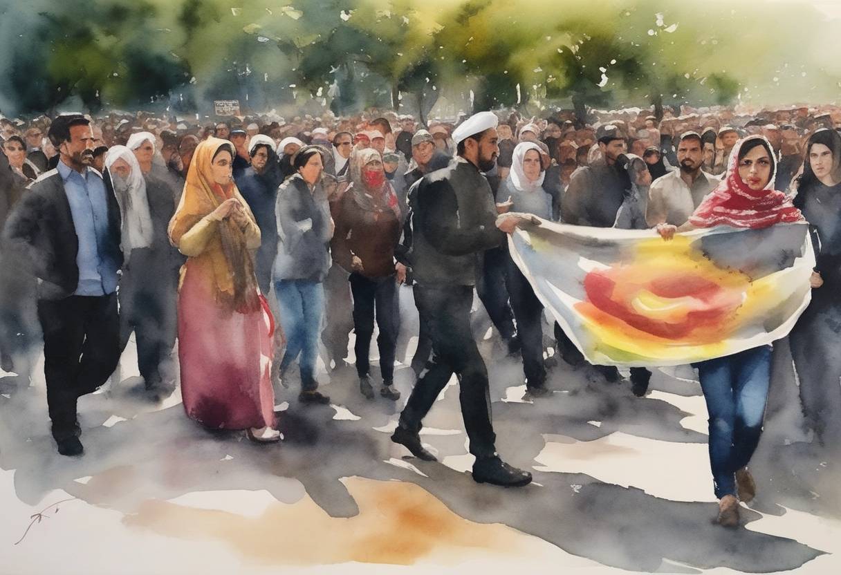 Watercolor painting based depiction of Protests erupted across Iran following the death of Mahsa Amini, a Kurdish woman who died after being detained by morality police enforcing strict dress codes. (2022)