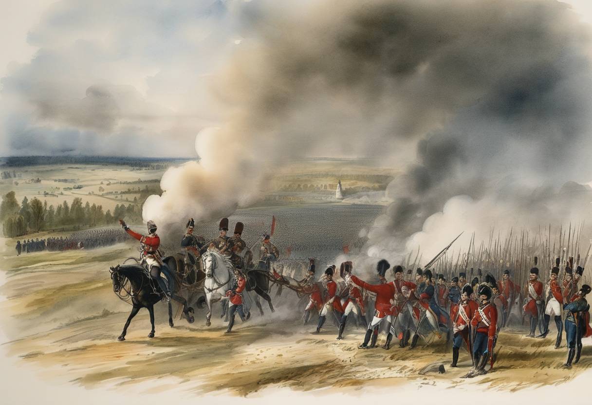 Watercolor painting based depiction of In the Battle of Borodino, which occurred earlier, Napoleon's Grand Army encountered severe resistance from Russian forces. By September 18, 1812, as part of his Russian campaign, Napoleon entered Moscow, which was largely abandoned and on fire. (1812)