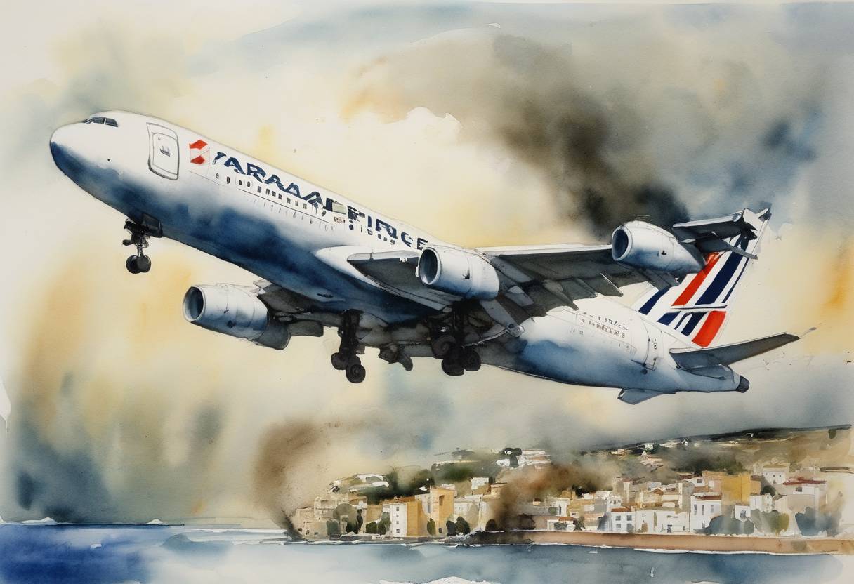 Watercolor painting based depiction of Air France Flight 8969 is hijacked by the Armed Islamic Group in Algiers, Algeria. (1994)