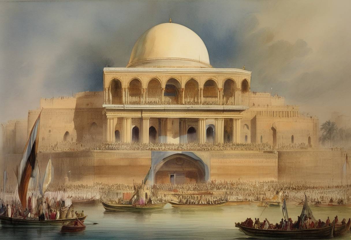 Watercolor painting based depiction of Giuseppe Verdi's opera "Aida" premiered at the Khedivial Opera House in Cairo, Egypt, organized by Isma'il Pasha, Khedive of Egypt and Sudan. The opera was commissioned to celebrate the opening of the Suez Canal and has become one of the most performed works in the operatic repertoire. (1871)