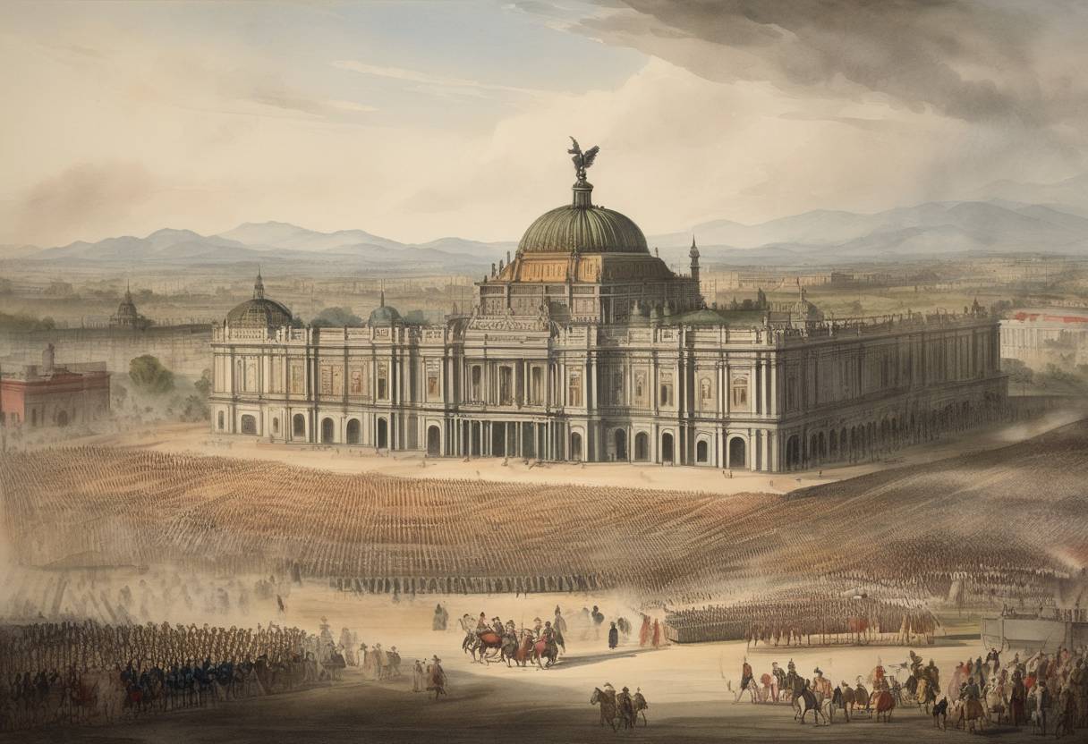 Watercolor painting based depiction of The Government Junta of the First Mexican Empire, after its independence from Spain, officially enacted the Declaration of Independence. (1821)