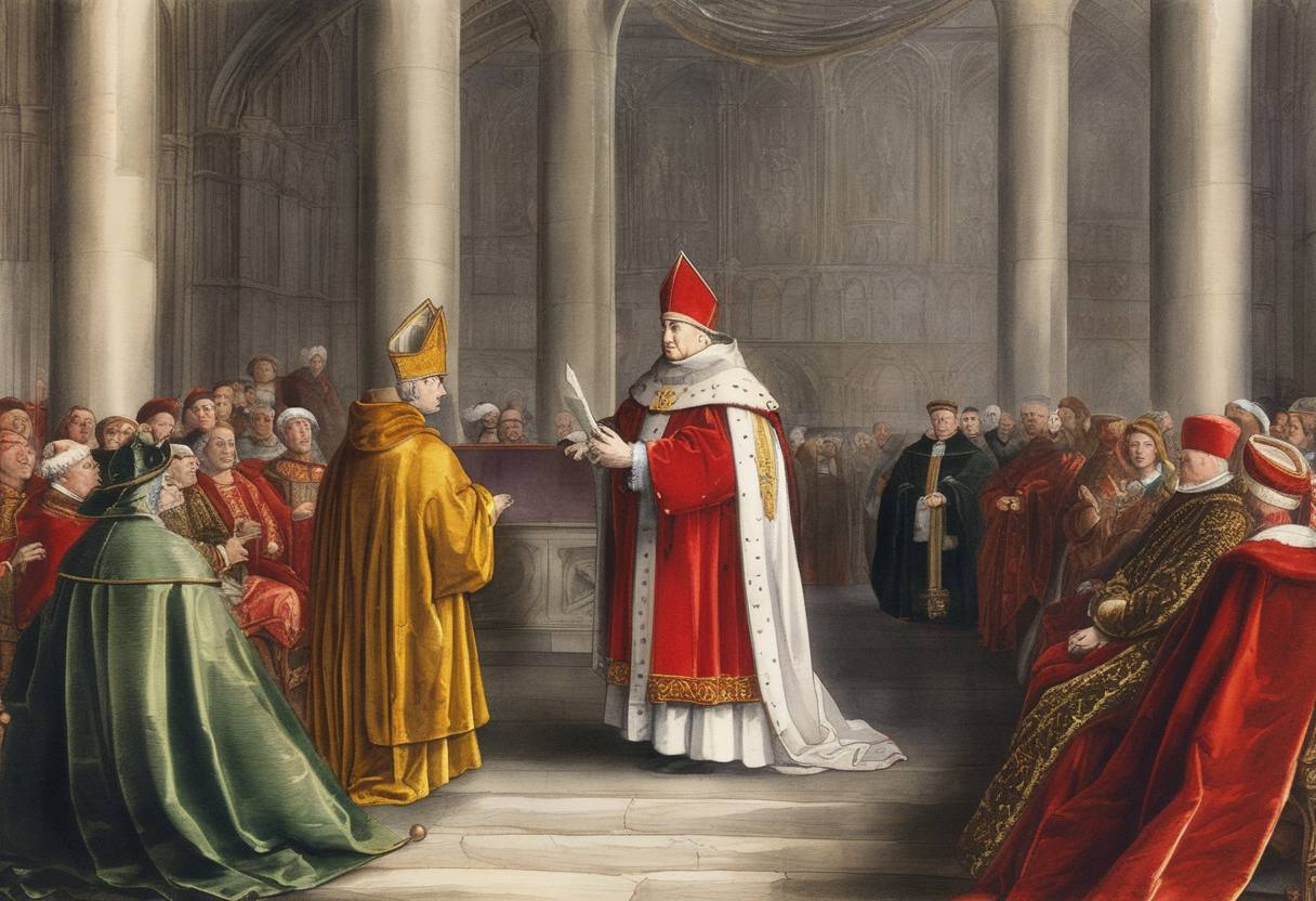Watercolor painting based depiction of Thomas Wolsey becomes a cardinal of the Catholic Church, affirming his political and ecclesiastical influence in England under King Henry VIII. (1515)