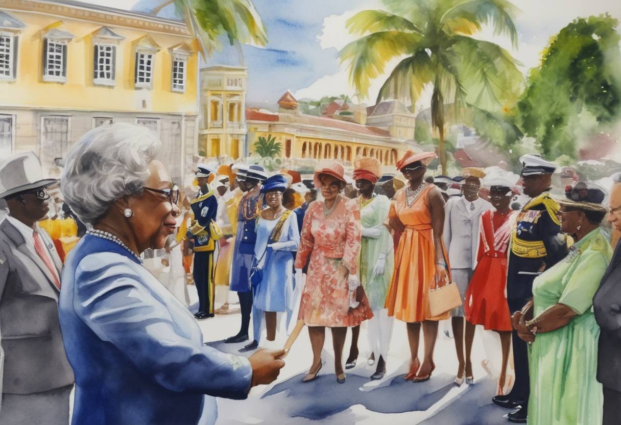 Watercolor painting based depiction of Barbados becomes a republic, officially removing Queen Elizabeth II as its head of state. Dame Sandra Mason was sworn in as the country's first President, marking the transition from a constitutional monarchy to a republic. (2021)