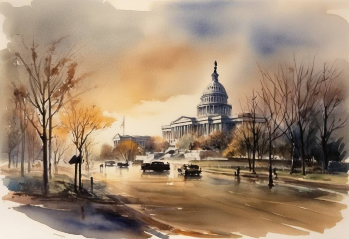 Watercolor painting based depiction of President Harry S. Truman announced a state of emergency due to Korean War escalating tensions. (1950)