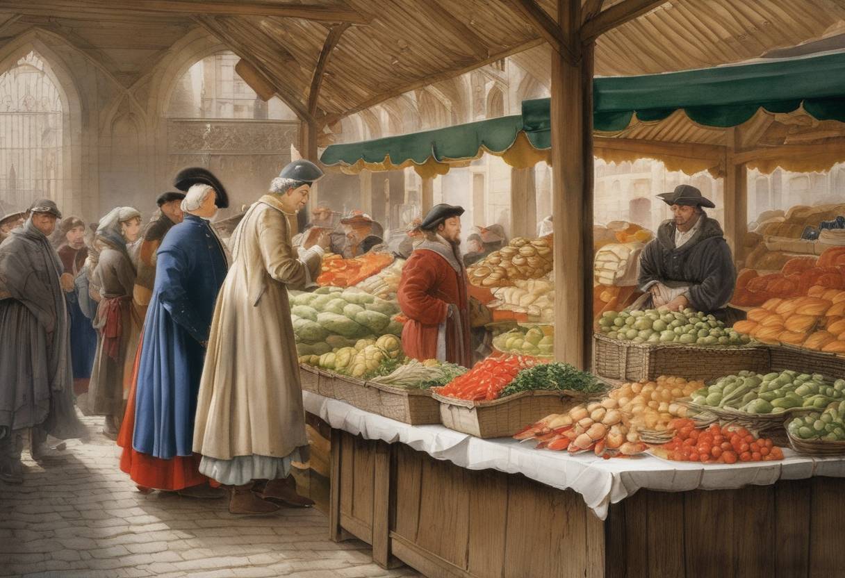 Watercolor painting based depiction of King Charles VI of France promulgated an ordinance that established rules for the sale of foodstuffs in Paris markets, a measure aimed at controlling prices and curbing the ongoing economic difficulties in France during his reign. (1390)