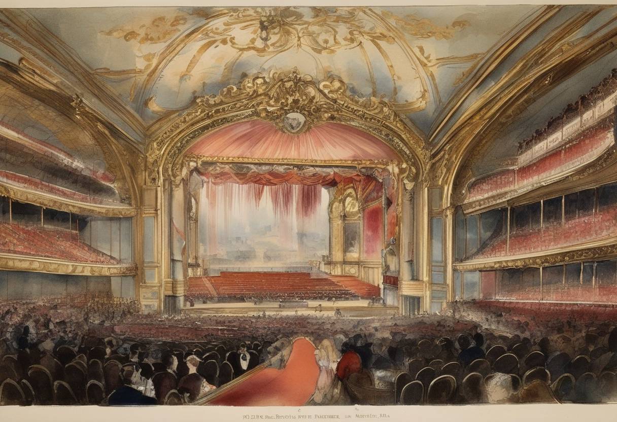 Watercolor painting based depiction of The Folies Bergère theater in Paris, France, is converted into a music hall to expand its entertainment offerings beyond plays and operas to variety performances, contributing significantly to the popularity and development of music halls in Europe. (1886)