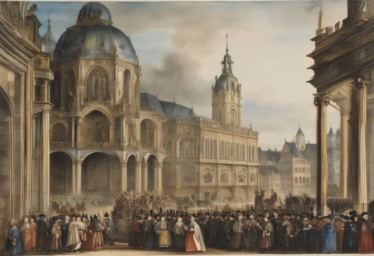 Watercolor painting based depiction of The Treaty of Westphalia is formally ratified, bringing an end to the Thirty Years' War in the Holy Roman Empire. (1648)