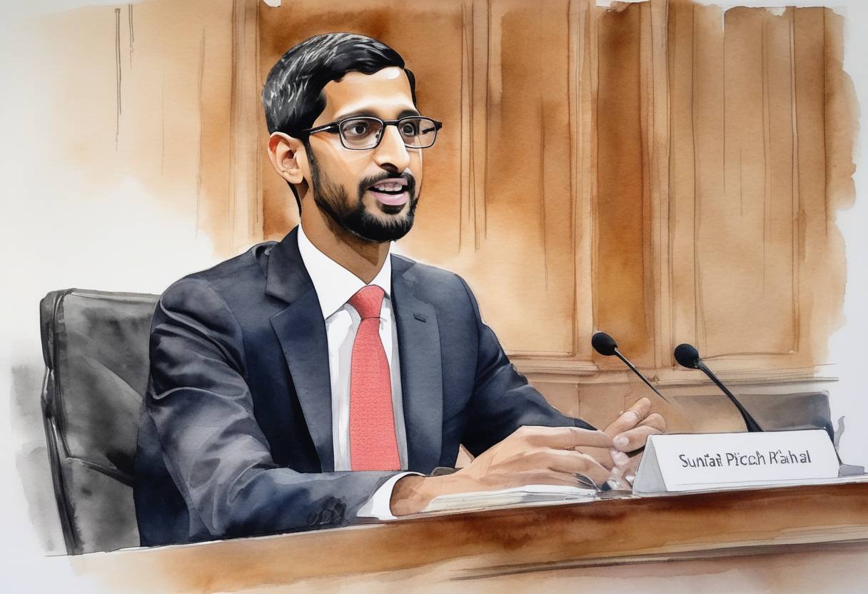 Watercolor painting based depiction of Sundar Pichai, CEO of Google, testified before the U.S. House Judiciary Committee amid concerns about privacy and data security. (2018)