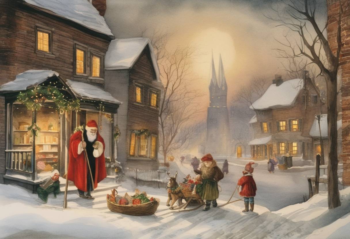 Watercolor painting based depiction of The poem "A Visit from St. Nicholas," also known as "The Night Before Christmas," is first published anonymously in the Troy Sentinel newspaper in New York. This poem significantly contributed to the modern American conception of Santa Claus and Christmas Eve traditions. (1823)