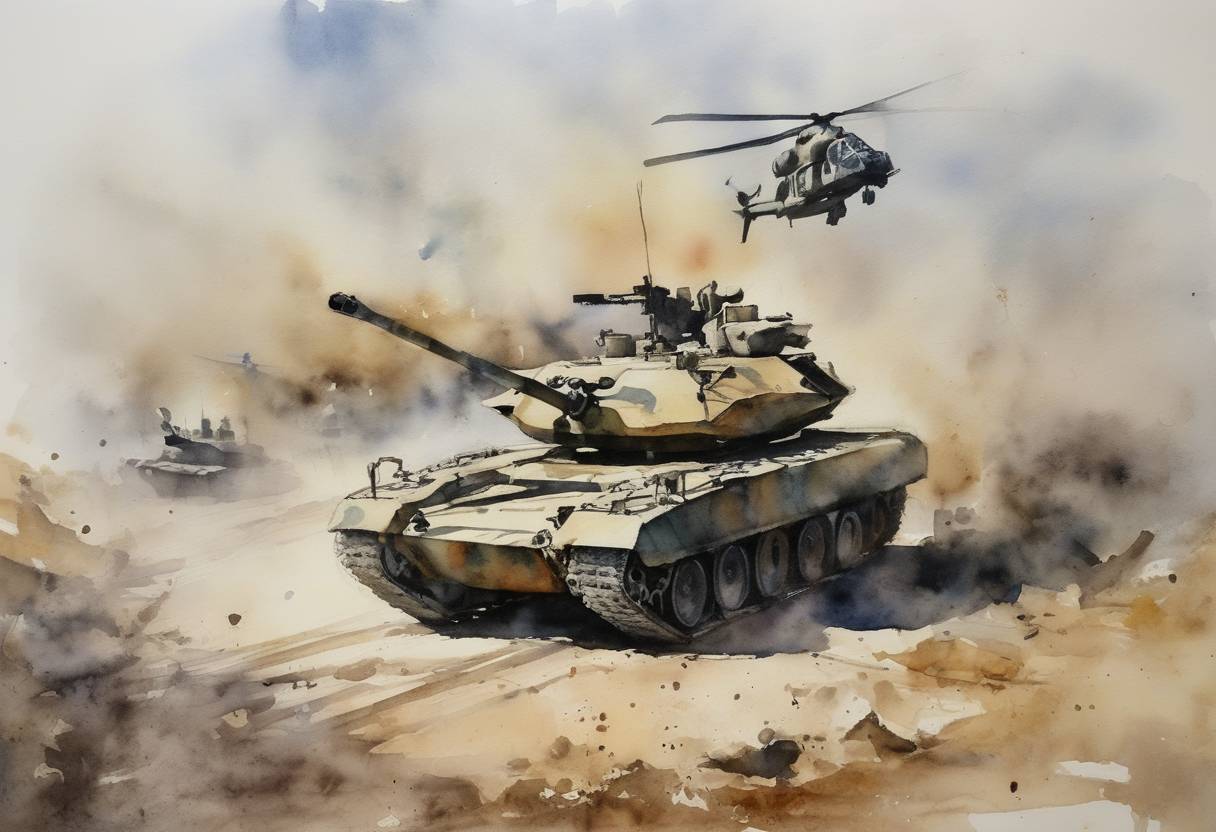 Watercolor painting based depiction of Russia begins its military intervention in the Syrian Civil War, conducting its first airstrikes against anti-government forces. (2015)