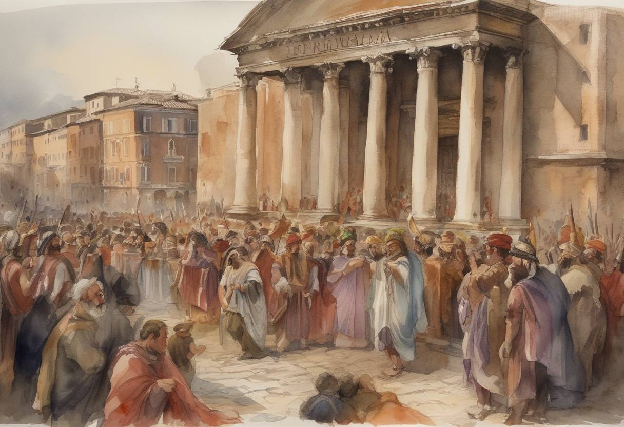 Watercolor painting based depiction of The first Saturnalia festival was celebrated, a popular Roman festival dedicated to the Roman god Saturn, characterized by festivities and role reversals between slaves and masters. (497)