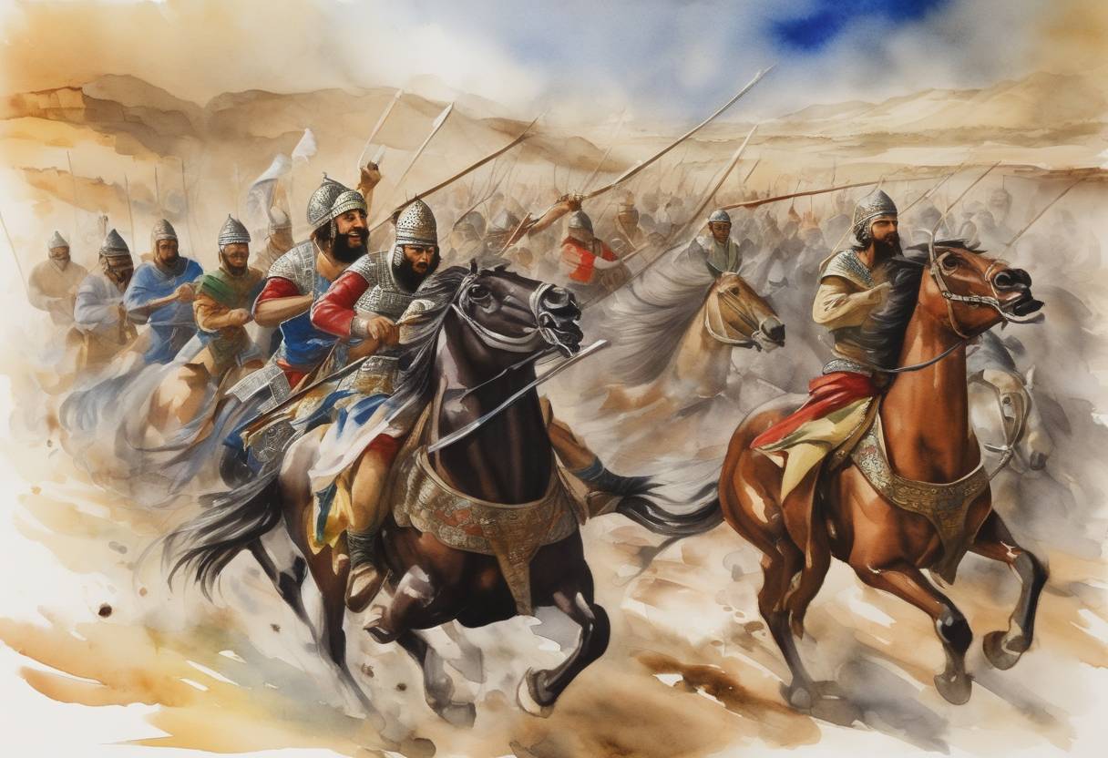 Watercolor painting based depiction of The famous Battle of Ain Jalut was fought between the Mamluks of Egypt and the Mongol Empire, resulting in a decisive Mamluk victory. (1260)