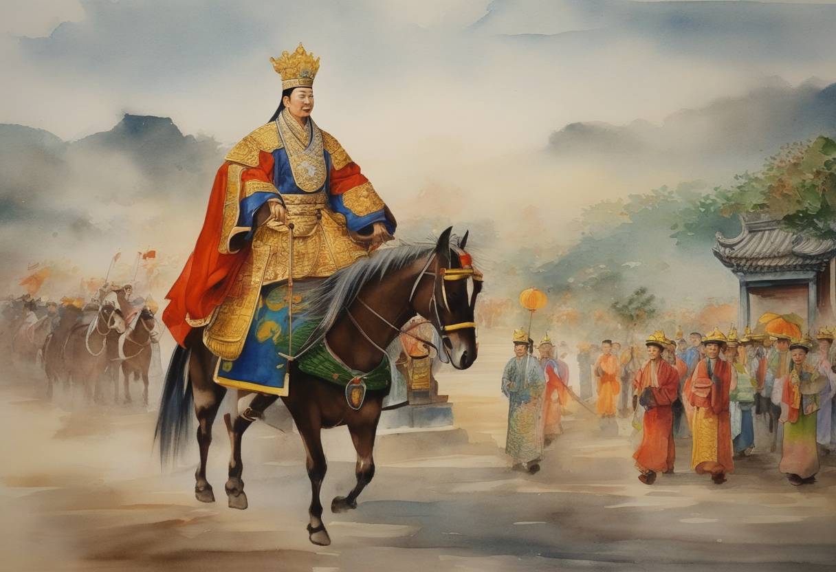 Watercolor painting based depiction of Lý Nhật Tôn, later known as Emperor Lý Thánh Tông, ascends to the throne of the Lý Dynasty in Vietnam. His reign marked a period of consolidation and cultural development within the dynasty, notably initiating the expansion of Confucian education. (1052)