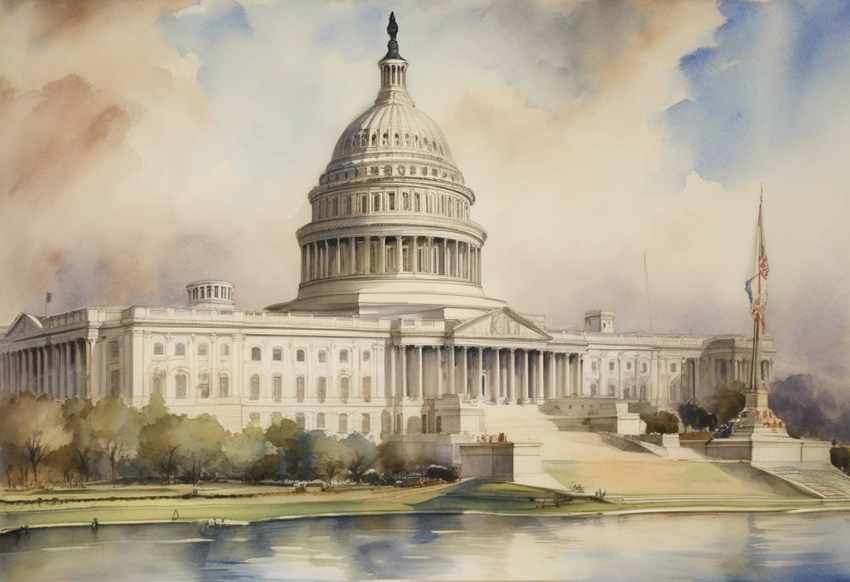 Watercolor painting based depiction of The United States Congress passed the first Neutrality Act, aimed at ensuring the U.S. remained impartial in the approaching tensions that would lead to World War II. (1935)