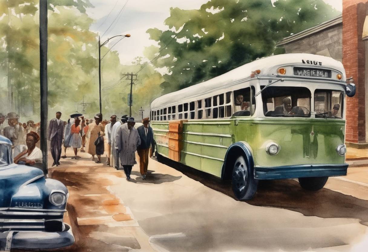 Watercolor painting based depiction of In Montgomery, Alabama, the Montgomery Bus Boycott ends after 381 days, following a United States Supreme Court ruling in Browder v. Gayle that struck down Alabama's bus segregation laws. (1956)