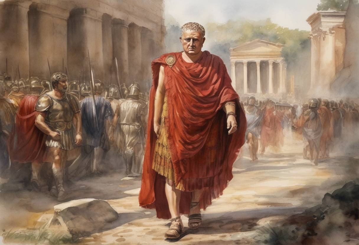 Watercolor painting based depiction of Vitellius, the Roman emperor, was captured and killed in Rome by Vespasian's forces, effectively ending his rule and the Year of the Four Emperors. (69)