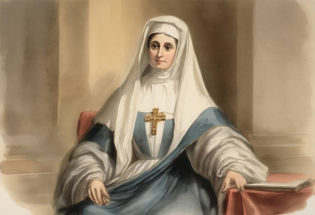 Watercolor painting based depiction of St. Catherine Fieschi, a prominent Italian noblewoman known for her charitable work, is canonized as a saint of the Catholic Church. (1830)