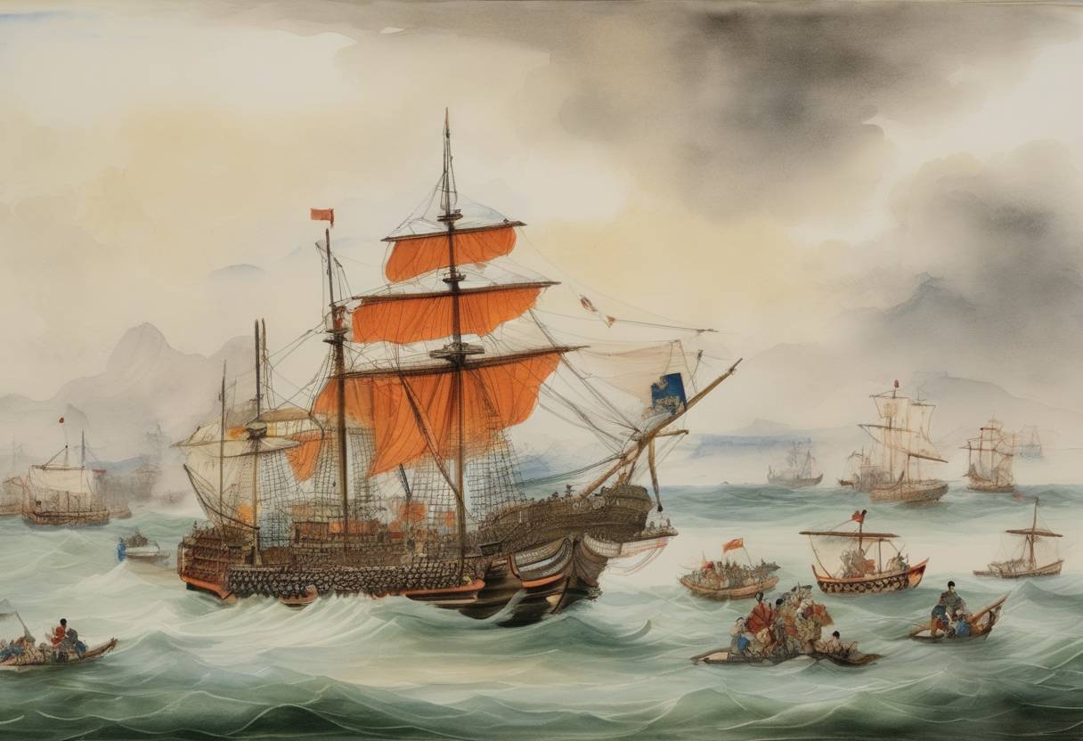 Watercolor painting based depiction of The Chinese pirate leader Koxinga seizes the island of Taiwan from Dutch colonial rule after a nine-month siege, marking the end of Dutch Formosa. (1662)