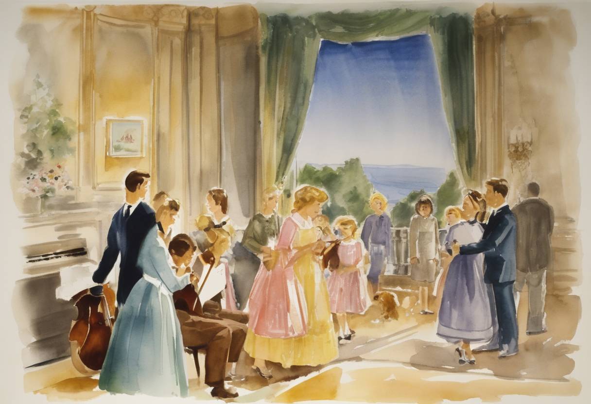 Watercolor painting based depiction of The Sound of Music, a musical by Richard Rodgers and Oscar Hammerstein II, opened on Broadway at the Lunt-Fontanne Theatre. (1959)