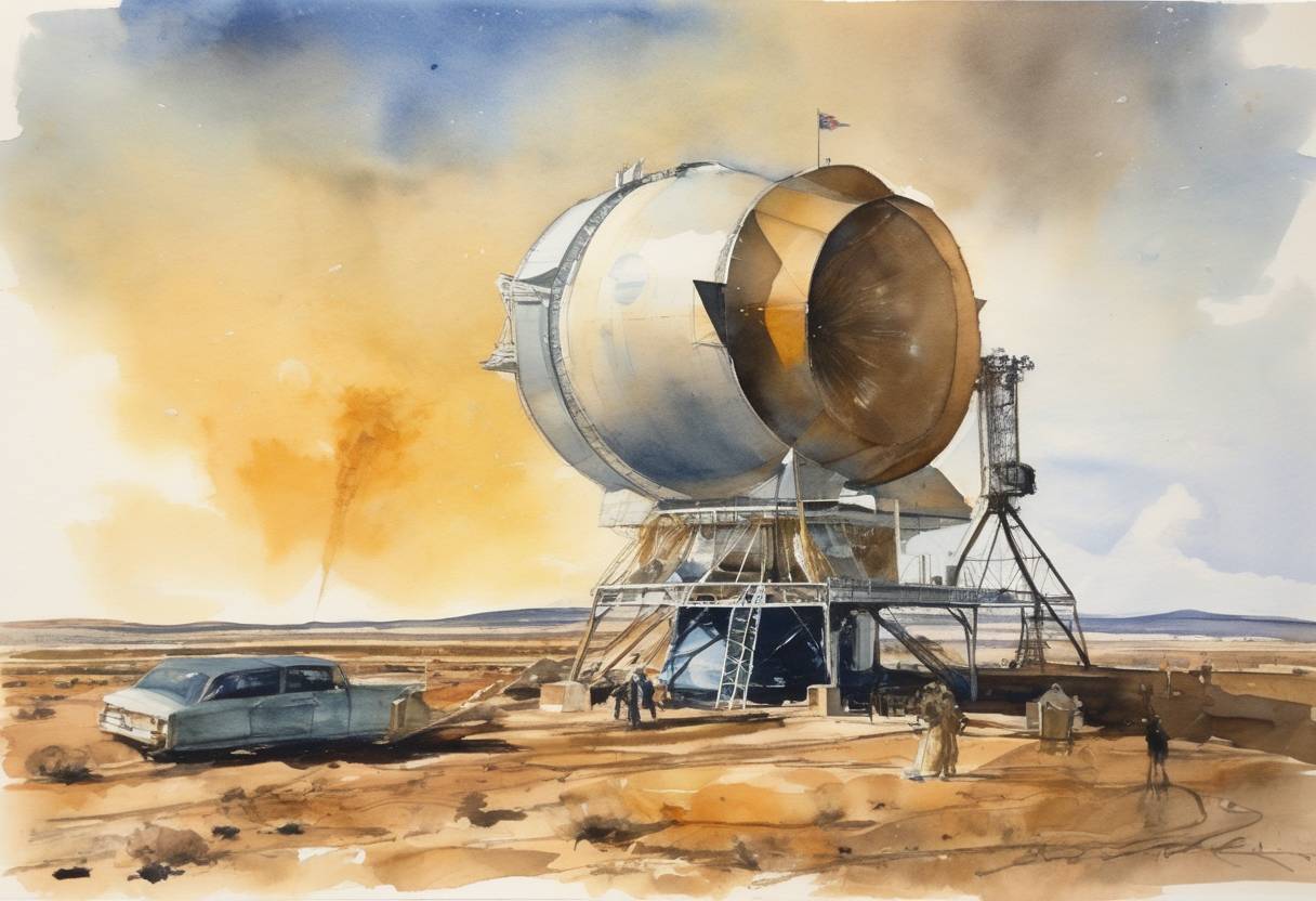 Watercolor painting based depiction of The United Kingdom launches its first satellite, Prospero, marking the entry into the Space Age as an independent nation. (1971)