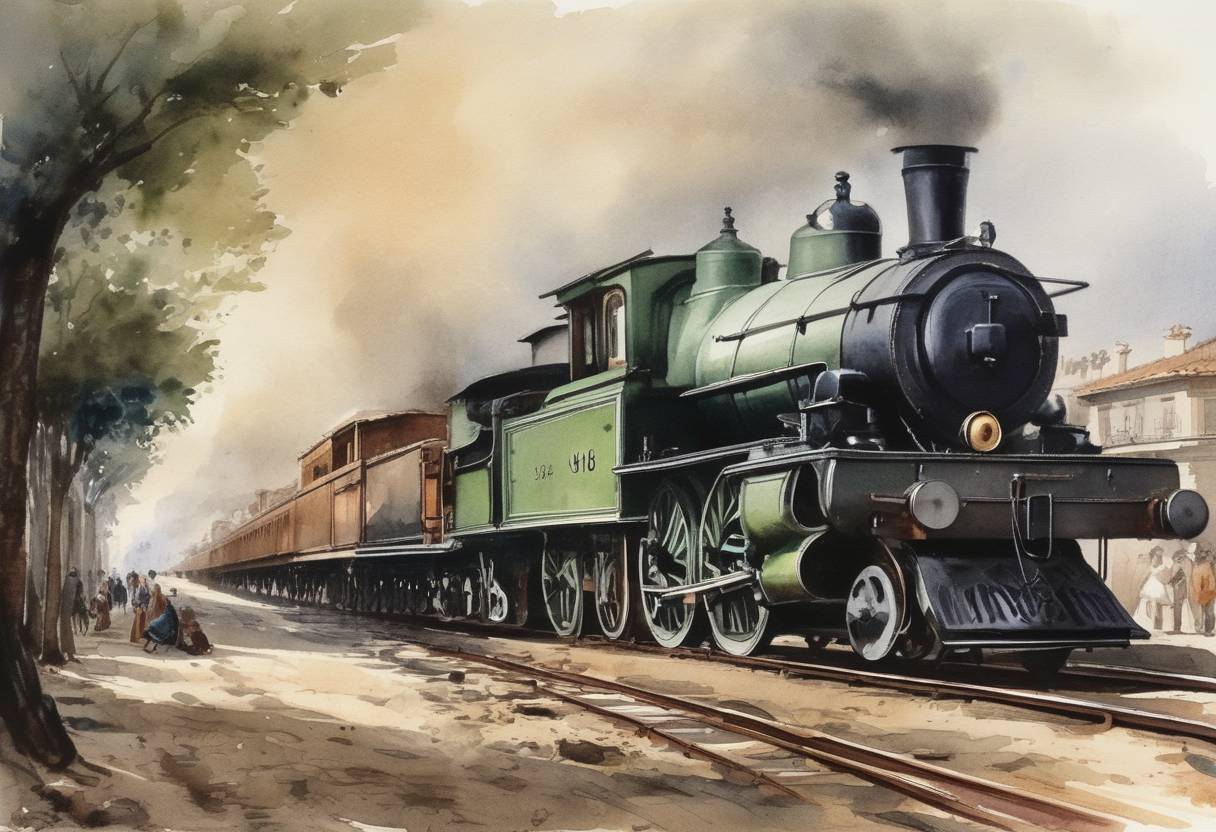 Watercolor painting based depiction of The first railway in Spain known as the Barcelona-Mataró Railway was inaugurated. (1848)