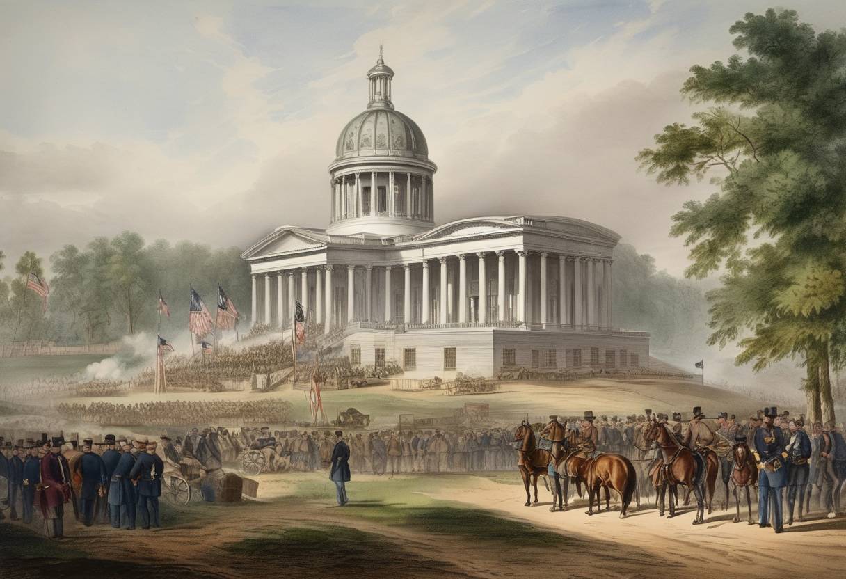 Watercolor painting based depiction of The Congress of the Confederate States convened in Richmond, Virginia, marking a pivotal organizational step in the Confederate States of America during the American Civil War. (1861)