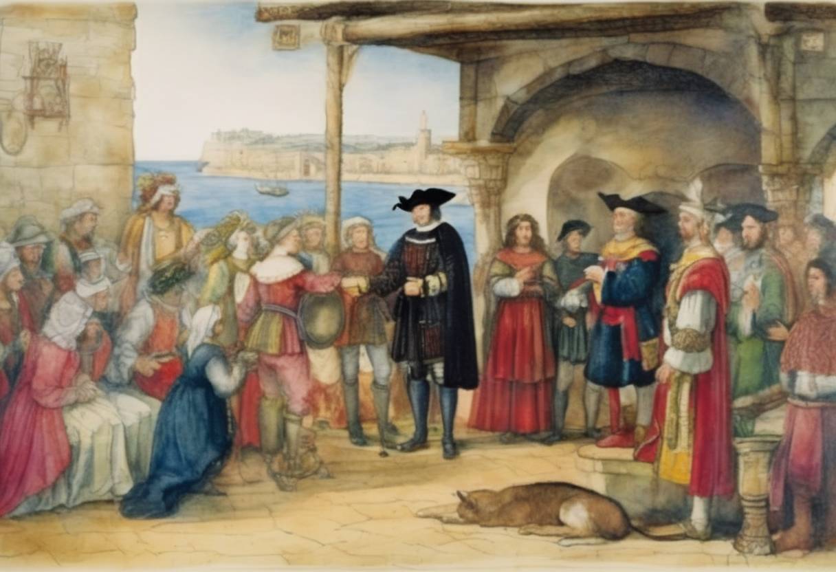 Watercolor painting based depiction of Christopher Columbus receives his commission of exploration from Spain, marking the official beginning of the plans for his first voyage. (1486)
