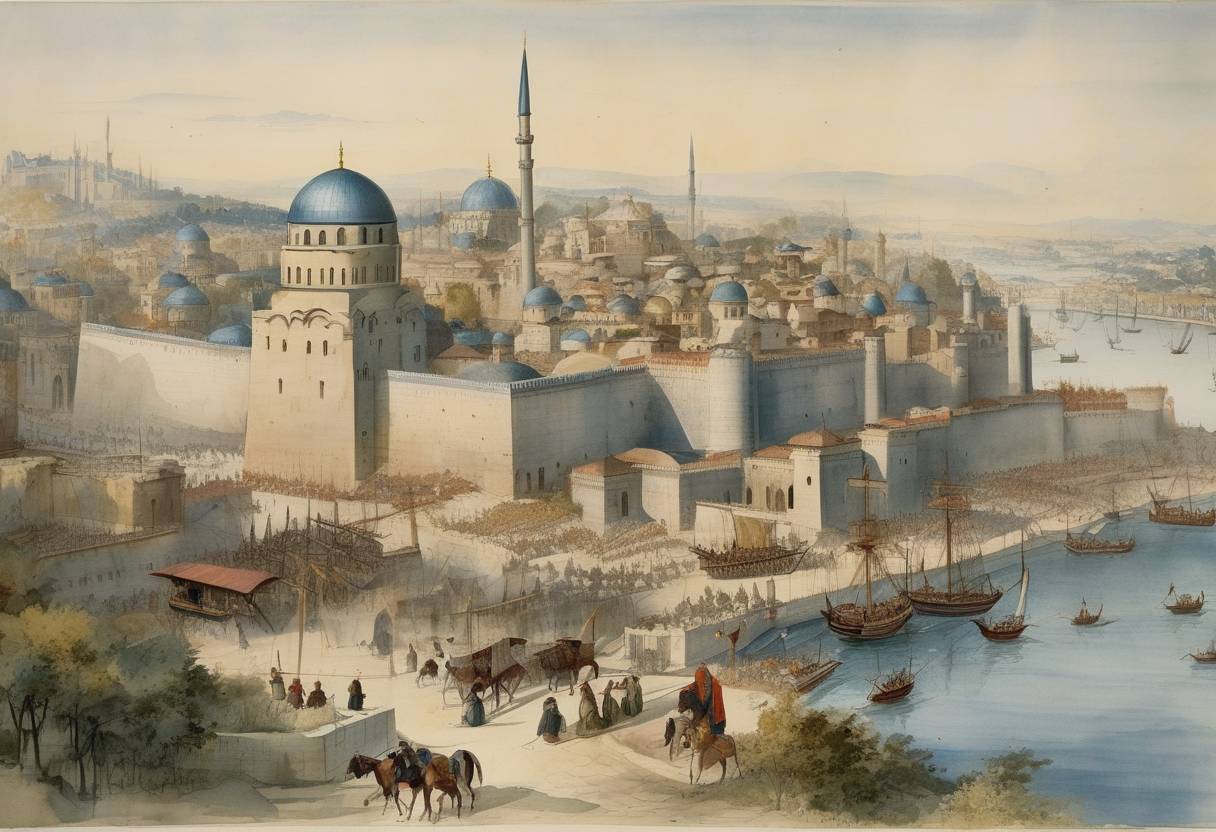 Watercolor painting based depiction of The city of Constantinople began to prepare for the famous siege by the Ottoman Empire led by Sultan Mehmed II, which would culminate in the city's fall on May 29, 1453. This marked the end of the Byzantine Empire and had profound effects on Christian Europe, leading to shifts in trade routes and heralding the rise of the Ottoman Empire. (1453)