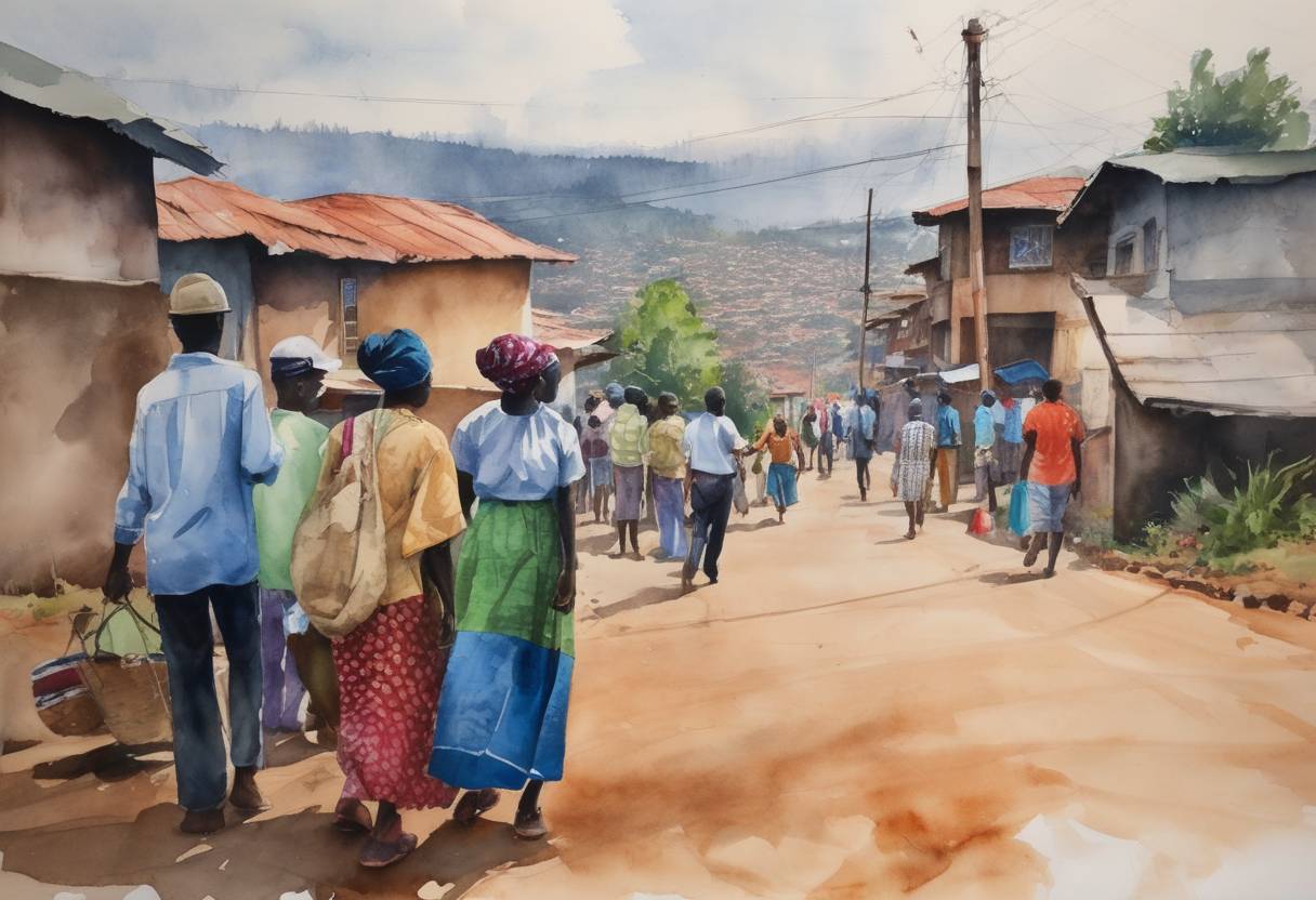 Watercolor painting based depiction of Residents of Kigali, Rwanda, started receiving electricity under a new expansion program launched by the government targeting universal access by 2024. (2018)