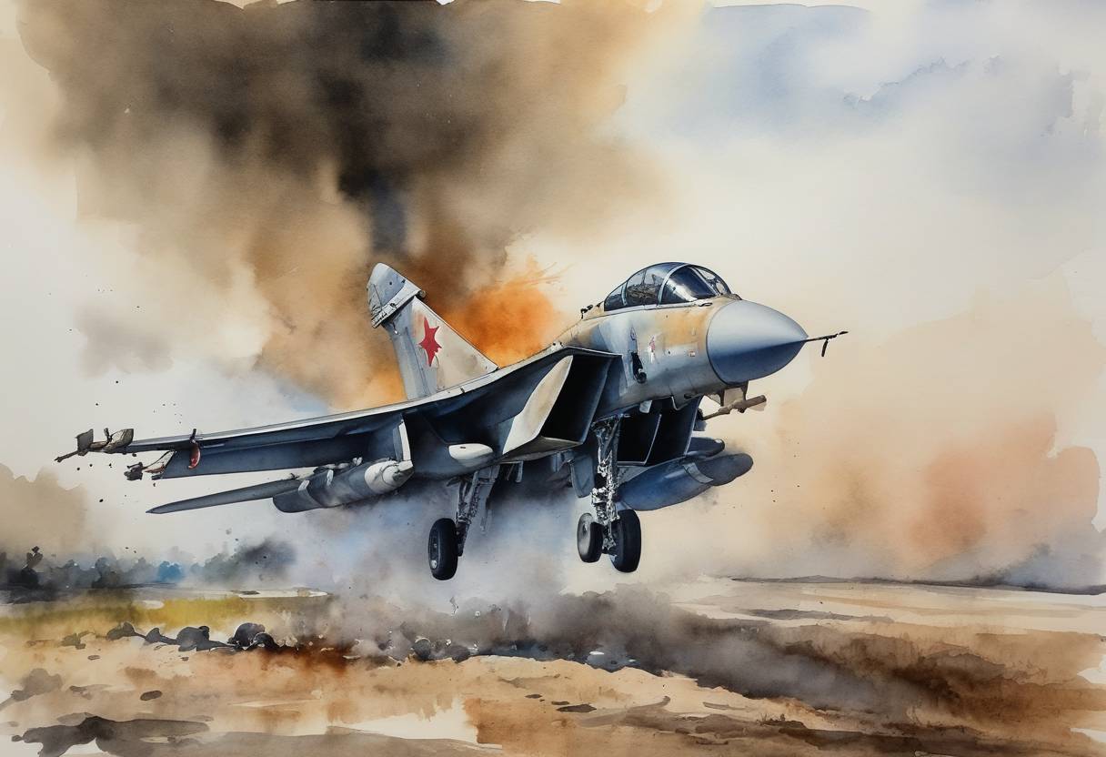 Watercolor painting based depiction of Turkey shot down a Russian Sukhoi Su-24 fighter jet over the Turkey-Syria border, escalating tensions between the two countries. The incident led to a war of words and sanctions by Russia. (2015)