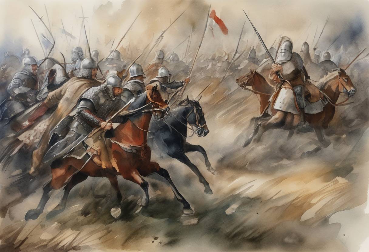 Watercolor painting based depiction of The Battle of Płowce, part of the Polish-Teutonic Wars, was fought between the Kingdom of Poland and the Teutonic Order, ending with a Polish victory. (1331)